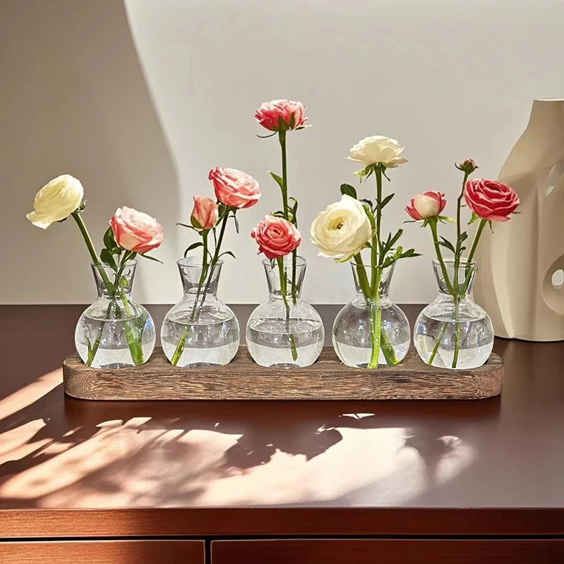 Vases Ampoule Transparent sur socle de Bois