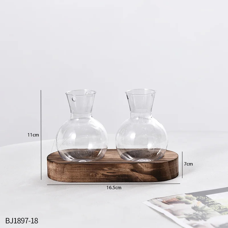 Vases Ampoule Transparent sur socle de Bois
