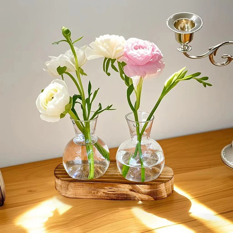 Vases Ampoule Transparent sur socle de Bois