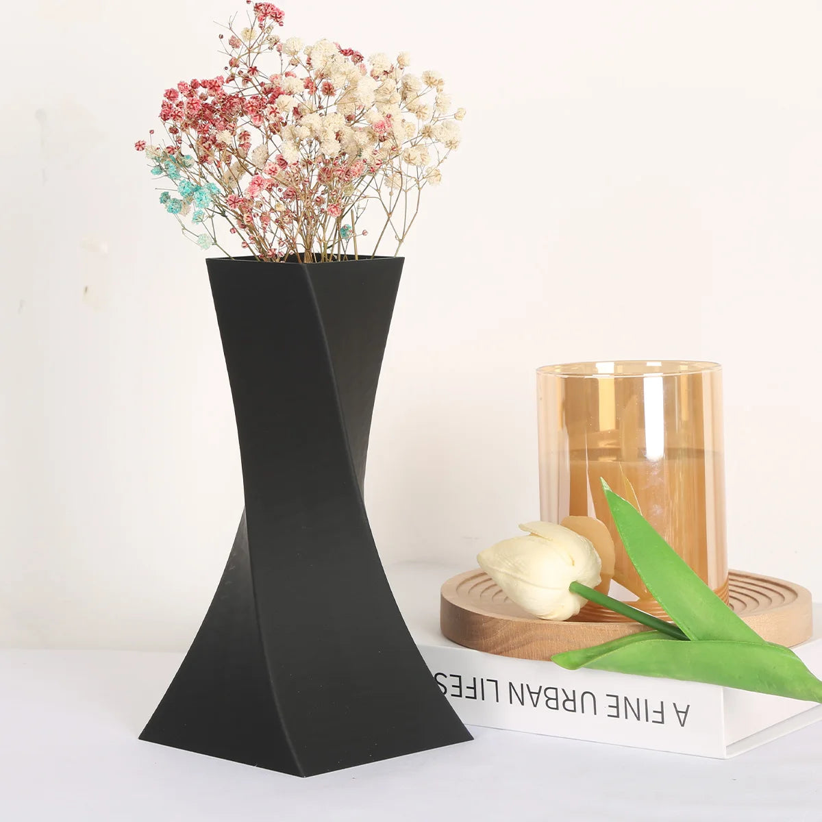 Vase Géométrique Moderne Noir Plastique