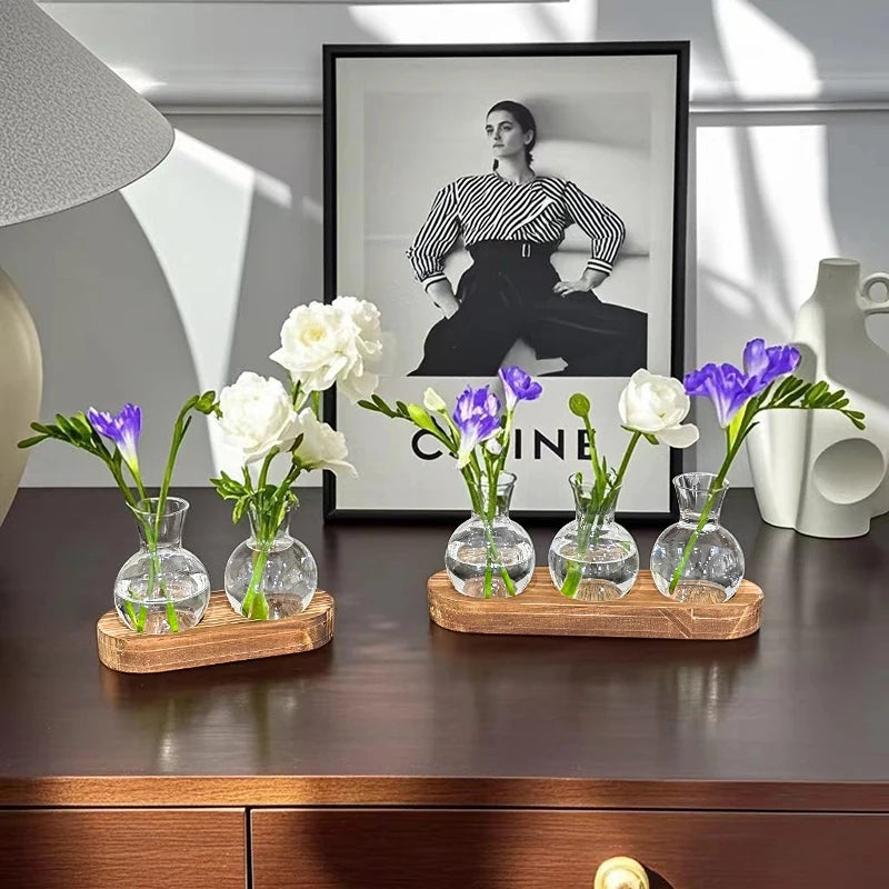 Vases Ampoule Transparent sur socle de Bois