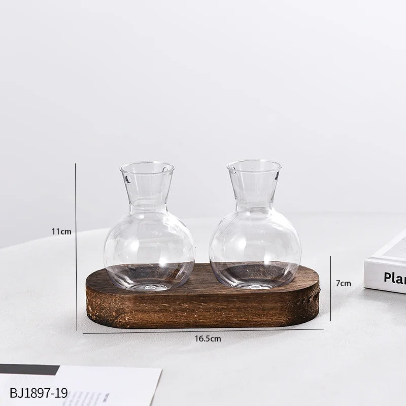 Vases Ampoule Transparent sur socle de Bois